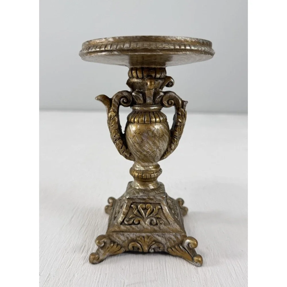 ANTIQUED ORNATE SILVER GOLD PILLAR CANDLE HOLDER Base RESIN MCM RL HOME DECOR